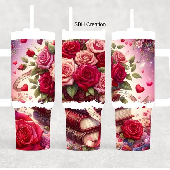 1-40oz Romantic Rose book theme insulated tumbler with sliding lid and straw - Picture 1 of 1